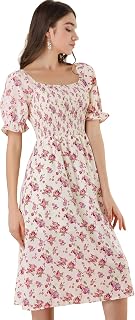 Allegra K Womens Cottagecore Floral Dress Puff Sleeve Smocked Midi Dresses