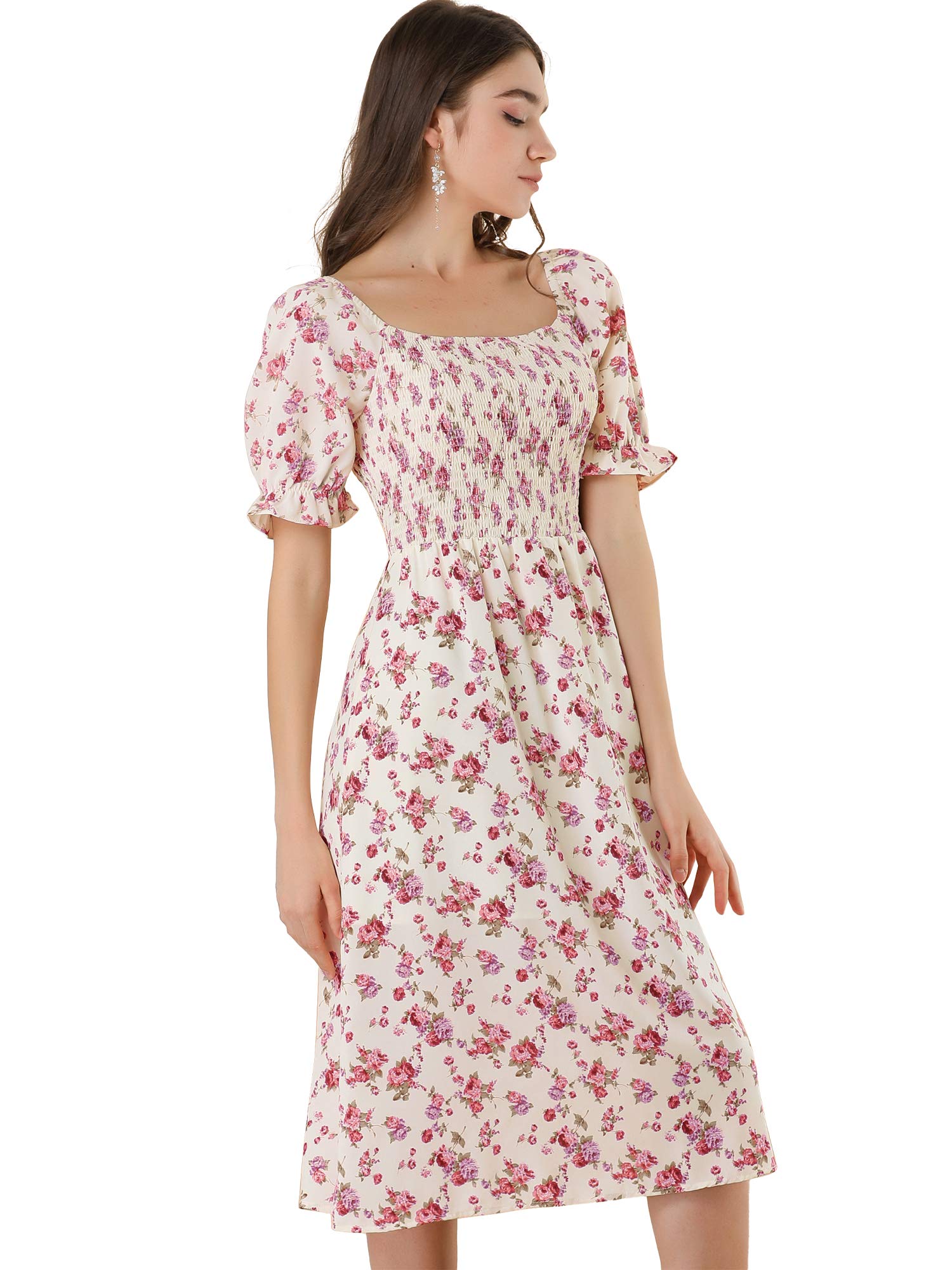 Allegra K Womens Cottagecore Floral Dress Puff Sleeve Smocked Midi Dresses