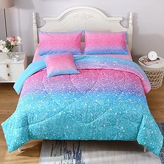 JQinHome Glitter Comforter Sheet Set Twin Size 6 Piece Bed in A Bag 3D Colorful Duvet Pink Rainbow Themed Bedding Set - (1 Comforter,2 Pillowcases, 1 Flat Sheet, 1 Fitted Sheet, 1 Cushion Cover)