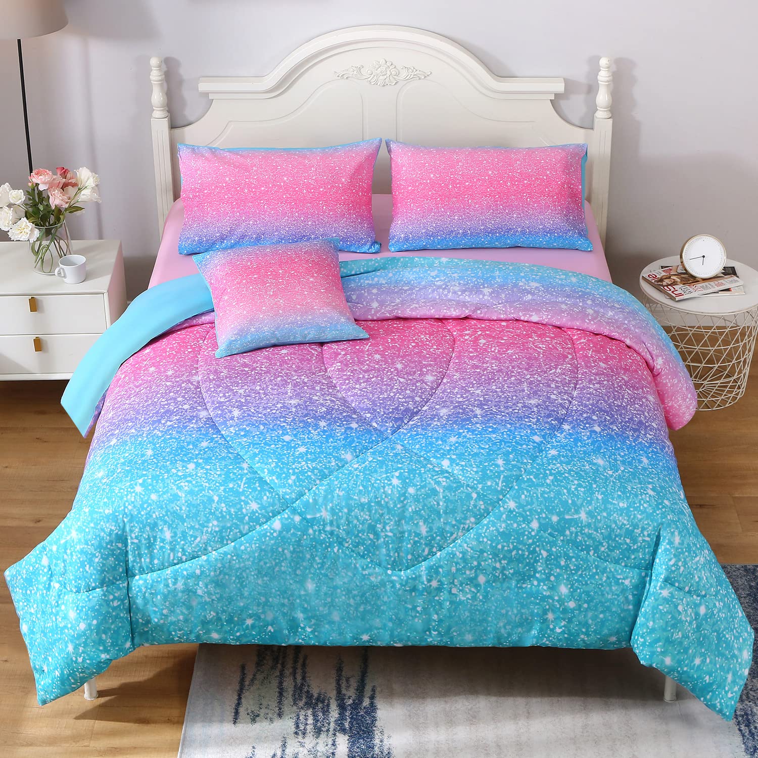 JQinHome Glitter Comforter Sheet Set Twin Size 6 Piece Bed in A Bag 3D Colorful 