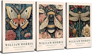 William Morris Wall Art Bathroom Decor Vintage Botanical Canvas Pictures William Morris Prints Nature Floral Painting Poster Dragonfly Bee Butterfly Animal Artwork for Home Decorations 12x16" 3Pcs