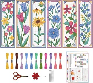 ORIGACH 6 Set Wildflower Floral Cross Stitch Bookmark Kit for Beginner | 11CT Stamped Cross Stitch Kit DIY Embroidery Bookmark Set with Backing Felt Floss Instructions for Adults, Book Lovers