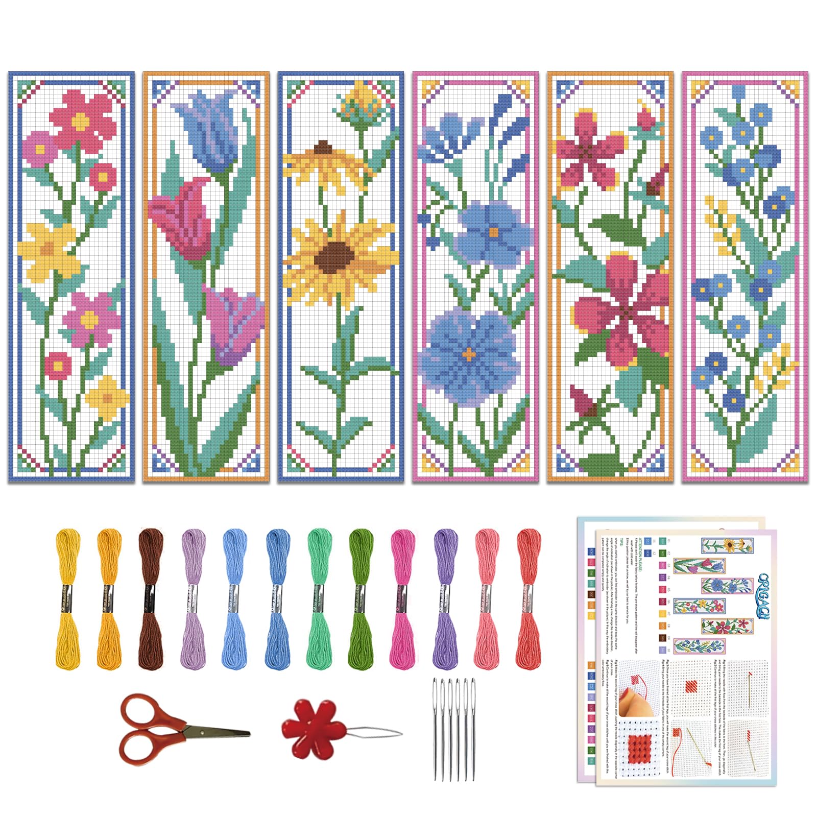 ORIGACH 6 Set Wildflower Floral Cross Stitch Bookmark Kit for Beginner | 11CT St
