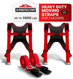 X-Protector Moving Straps - 2 Pairs - Red Lifting Straps for 2 Movers | Move Furniture Easily and Safely - Perfect for Lifting & Moving Heavy Objects (Adjustable Length 50-118”, with Back Support)