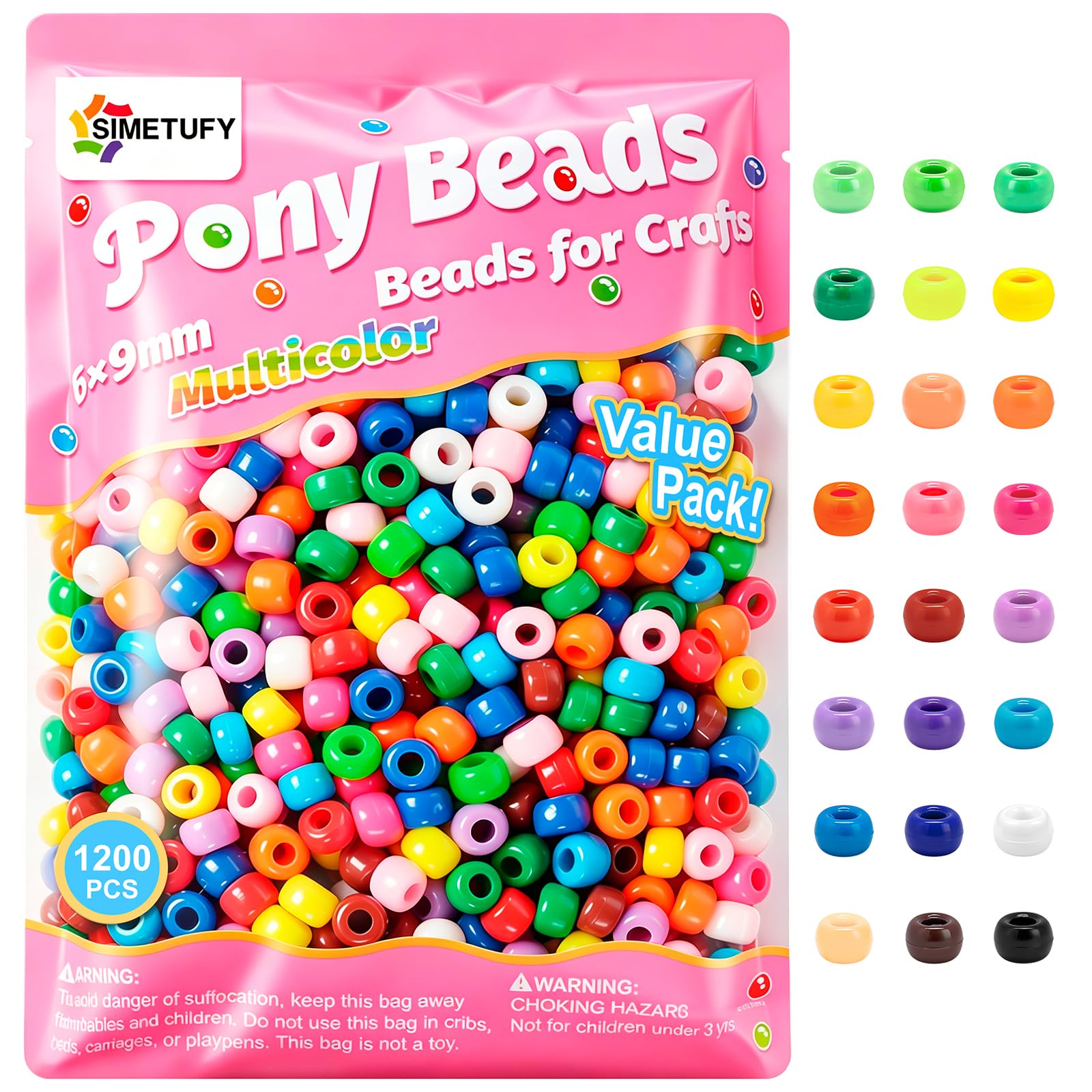 Simetufy 1200Pcs Pony Beads for Bracelet Making, Multi-Colored 6x9mm | 24 Colors