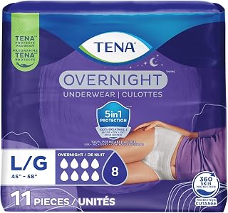 TENA Overnight Protection Incontinence Underwear, Women, L 45-58in, 11 ct | Comfortable and discreet protection that provides a close fit with reliable overnight protection from leaks, odor and wetness