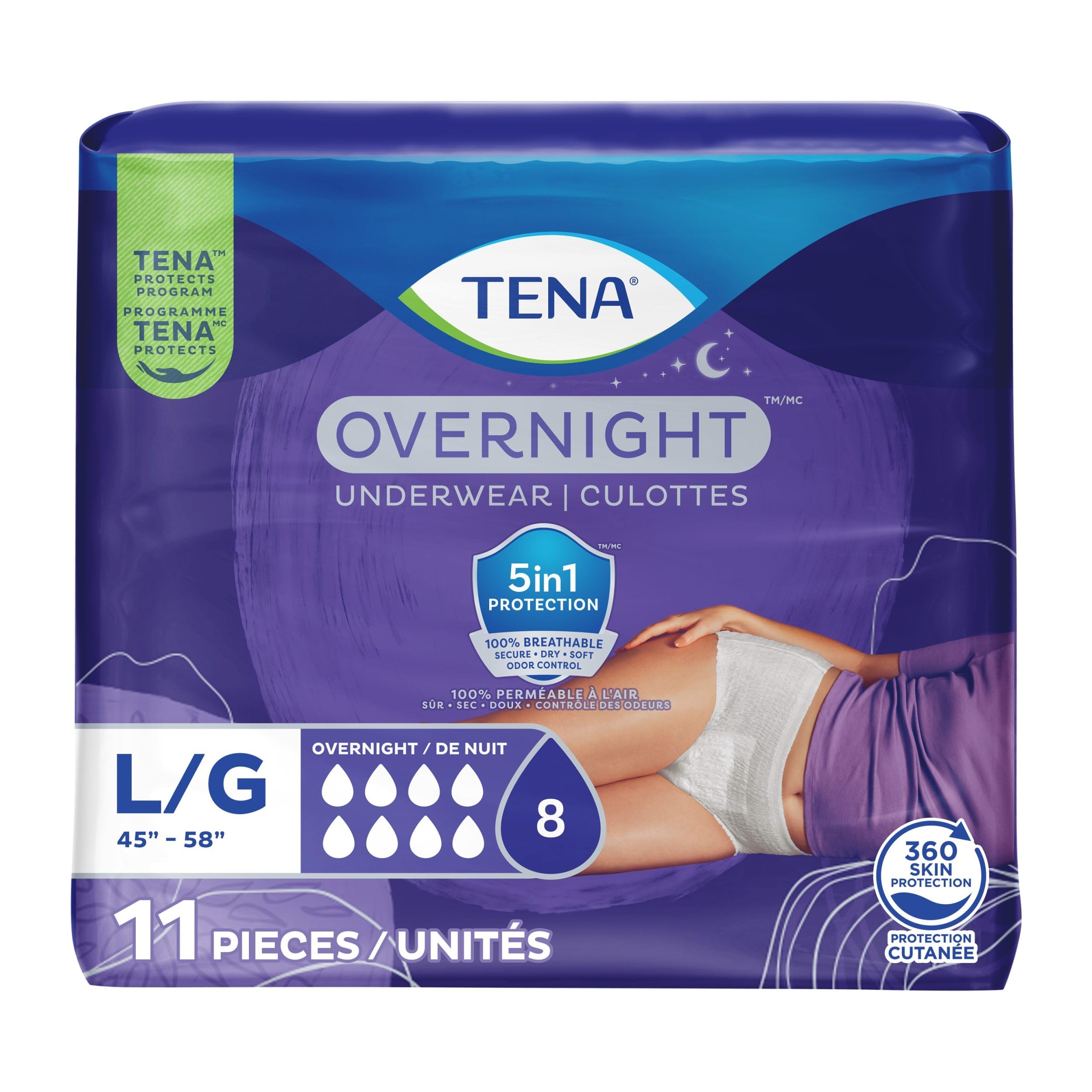 TENA Overnight Protection Incontinence Underwear, Women, L 45-58in, 11 ct | Comf