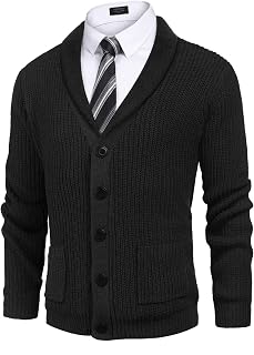 COOFANDY メンズ ショールカラーカーディガンセーター スリムフィット ケーブルニット ボタンアップ コットンセーター ポケット付き US サイズ:
