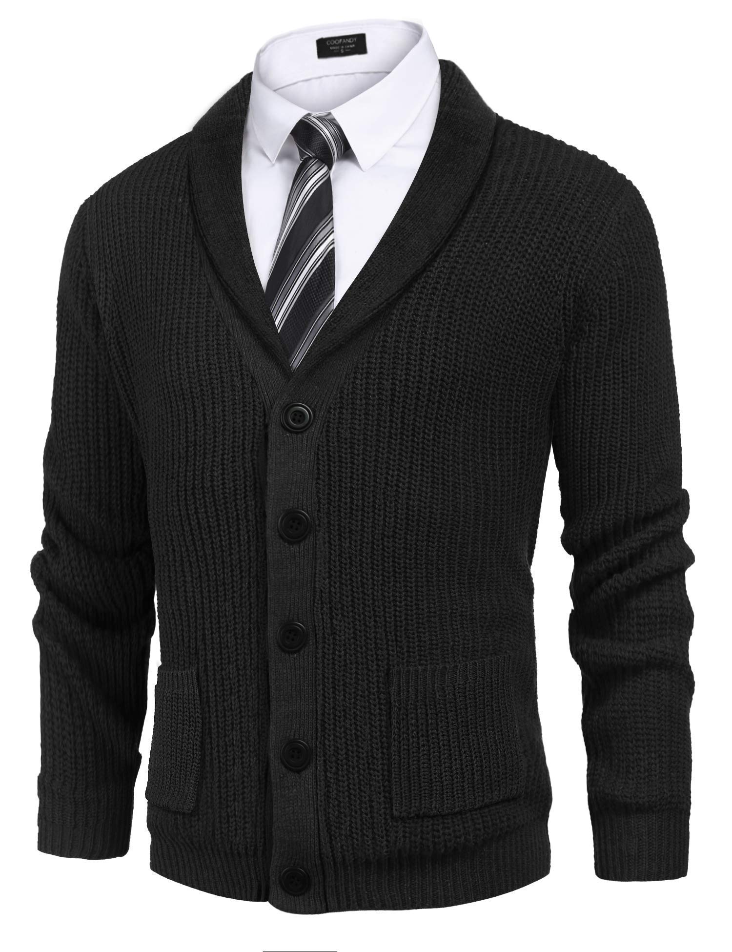 COOFANDY メンズ ショールカラーカーディガンセーター スリムフィット ケーブルニット ボタンアップ コットンセーター ポケット付き US サイズ: