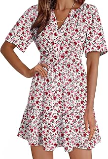 Dokotoo Womens Summer Dresses 2026 Boho Floral Short Sleeve V Neck Smocked Waist Casual A-Line Swing Mini Dress Sundress