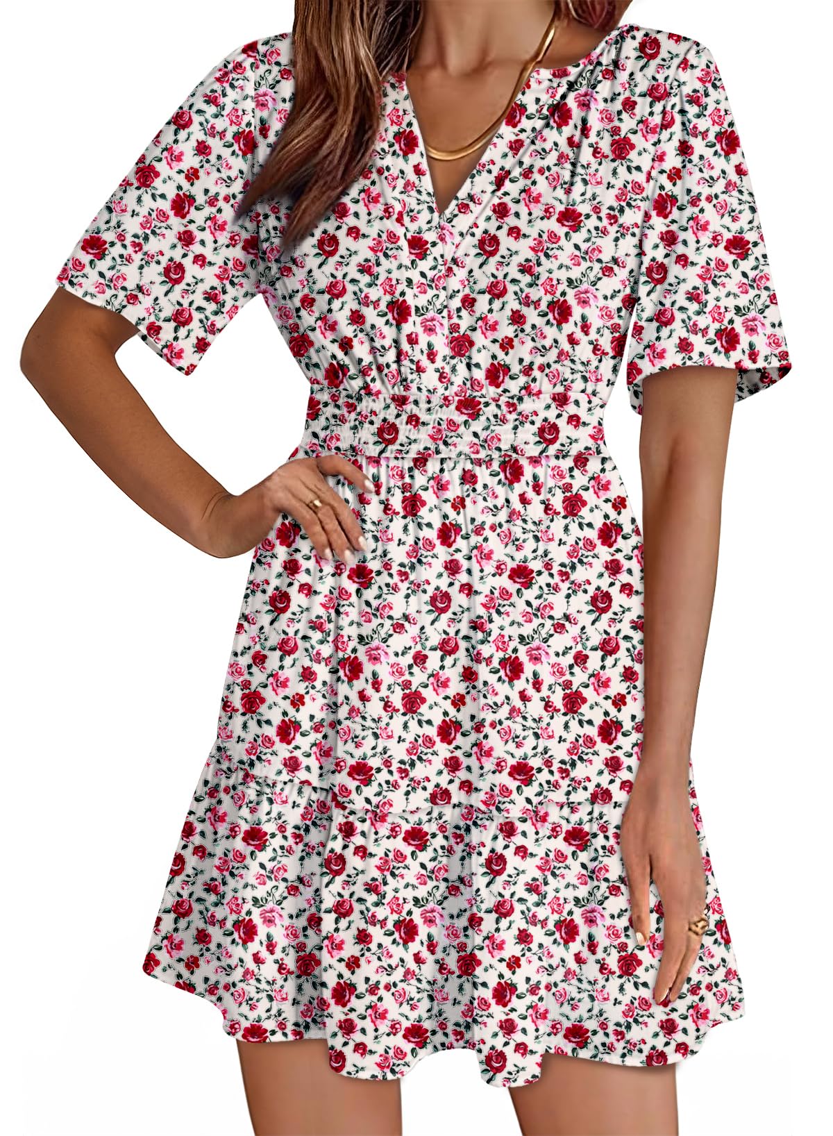 Dokotoo Womens Summer Dresses 2026 Boho Floral Short Sleeve V Neck Smocked Waist
