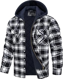TACVASEN Men's Flannel Shirt Jacket Removable Hooded Quilted Lined Plaid Button Down Shirts Zipper Jacket