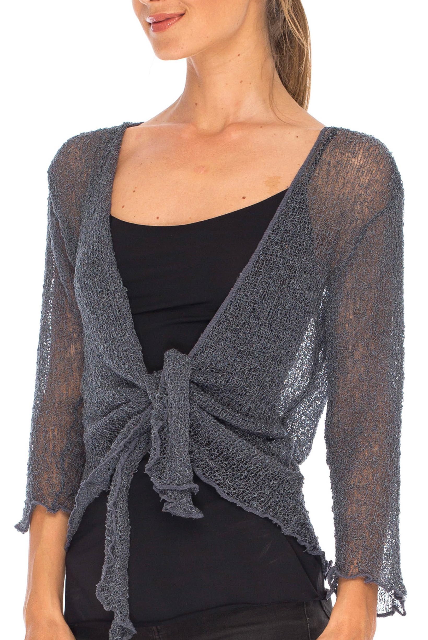 SHU-SHI - Sheer Cardigan for Women - Ruffle Knot Front - Lightweight Knit