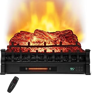COSTWAY 26-inch Electric Fireplace Logs Set with Realistic Flame, Pinewood | 1500W, Thermostat, 8H Timer, Overheat Protection, Child Lock, Remote Control, 5 Flame Brightness & Color for Home/Fireplace