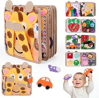 kabiuby Giraffe Busy Book for Toddlers 1-3, Montessori Toys Toddler Busy Board for 1 Year Old, Felt Quiet Book Sensory Learning Activity Books, Airplane Car Travel Toys, Gifts for Boys Girls 1+