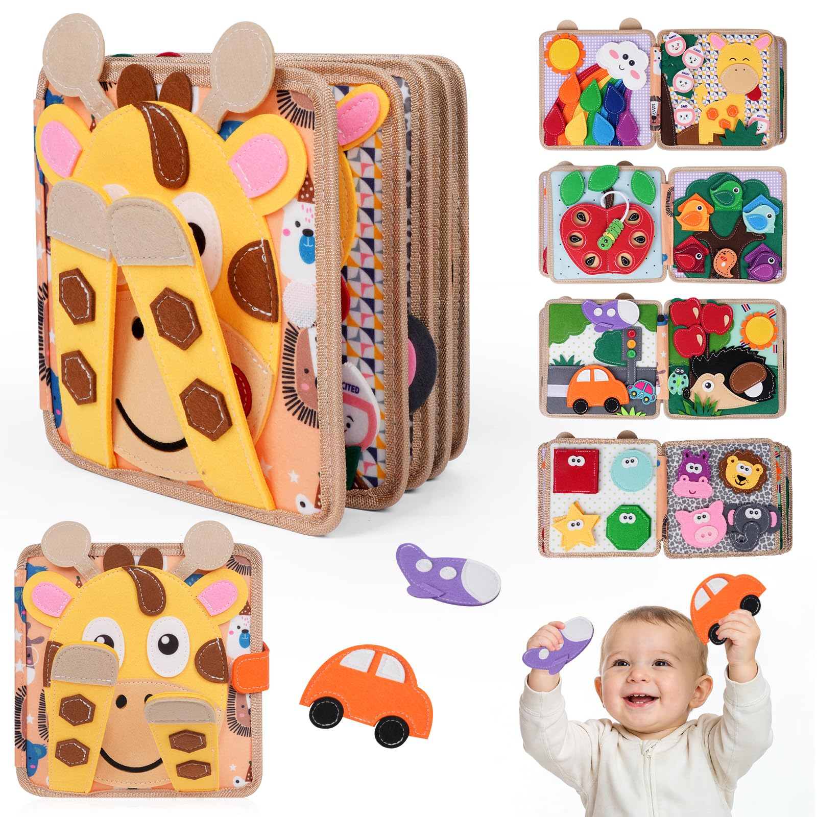 kabiuby Giraffe Busy Book for Toddlers 1-3, Montessori Toys Toddler Busy Board f
