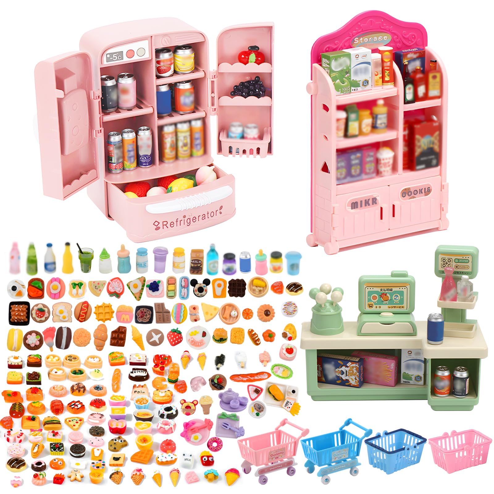 120Pcs Miniature Shopping Food Drink Bottle, Mini Food Supermarket Handcart Shel