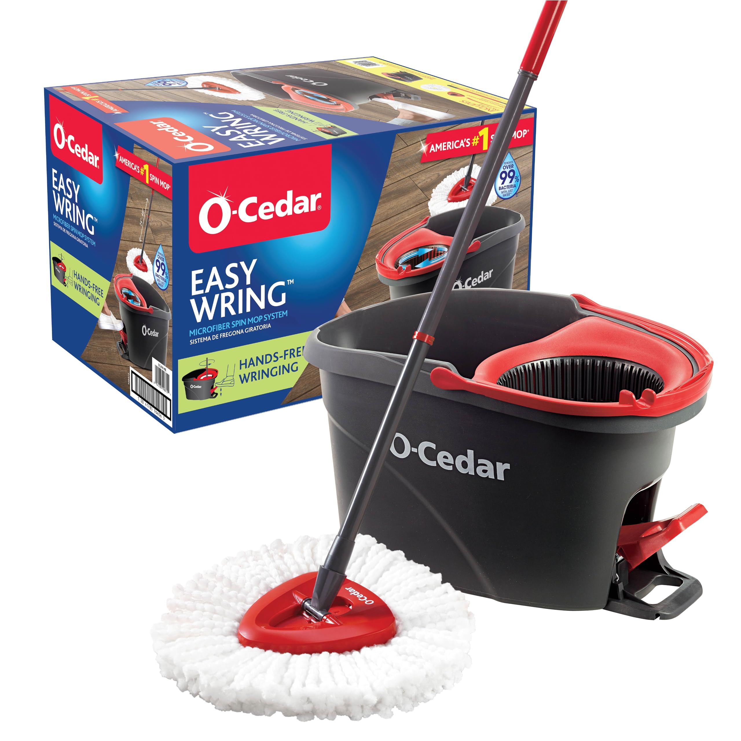 O-Cedar EasyWring Microfiber Spin Mop, Bucket Floor Cleaning System, Red, Gray, 