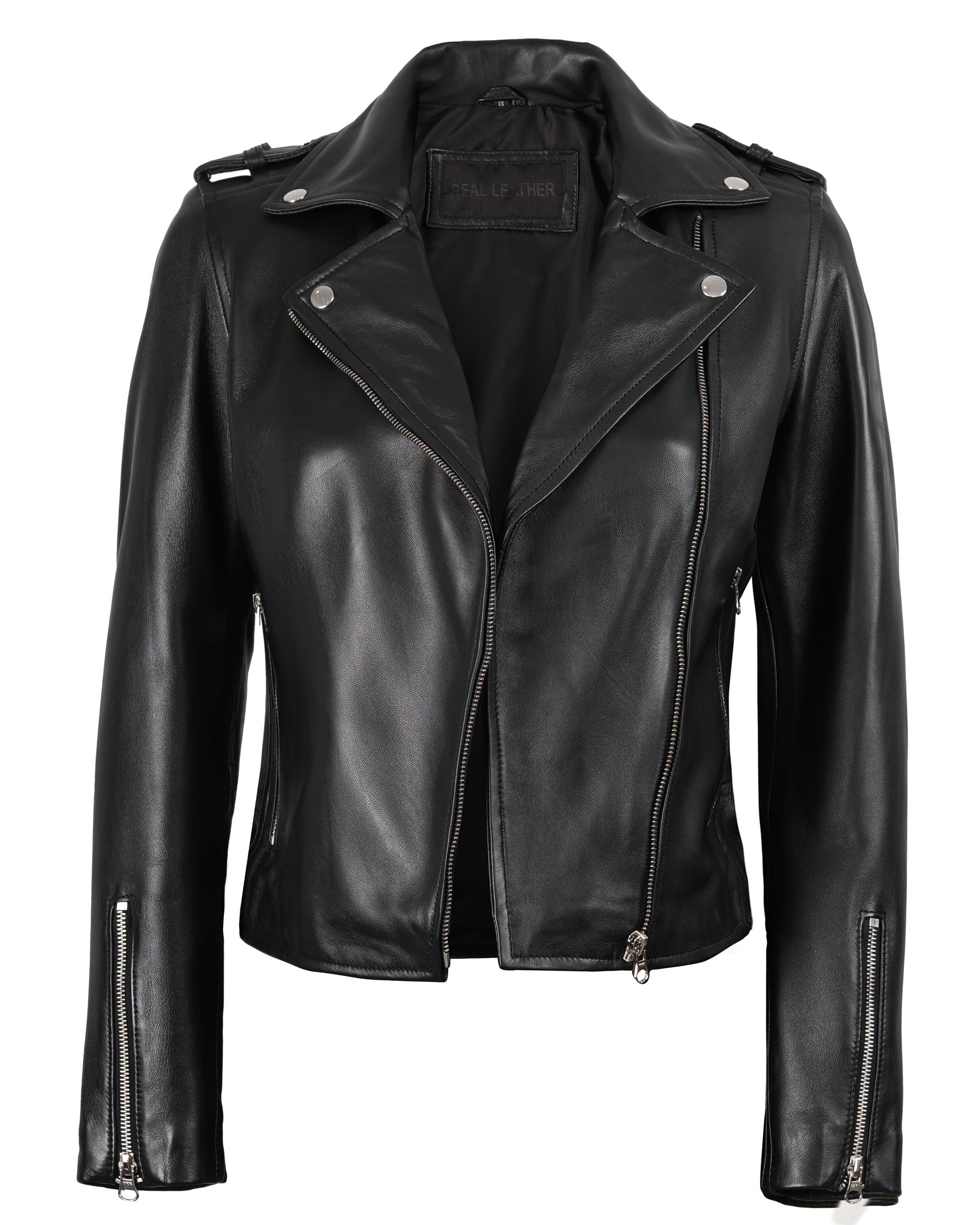 Decrum Asymmetrical Moto Style Real Lambskin Leather Biker Jacket Women