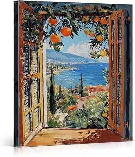 Open Window Canvas Wall Art Mediterranean Sea Orange Tree Poster Wall Decor