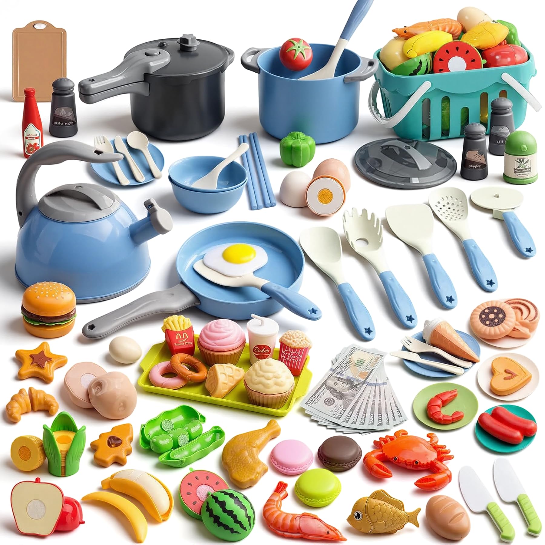 130Pcs Kitchen Playset, Toddler Pretend Cooking Play Pots, Pans, Utensils Cookwa
