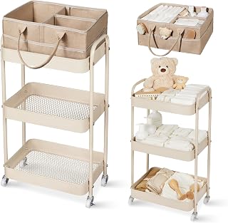 Fortella Baby Diaper Caddy, 3 Tier Rolling Cart for Baby Essentials, Taupe | Diaper Cart with Detachable Dividers, Nursery Storage &amp; Bottle Organizer, Bedside Caddy for Bedroom and Living Room
