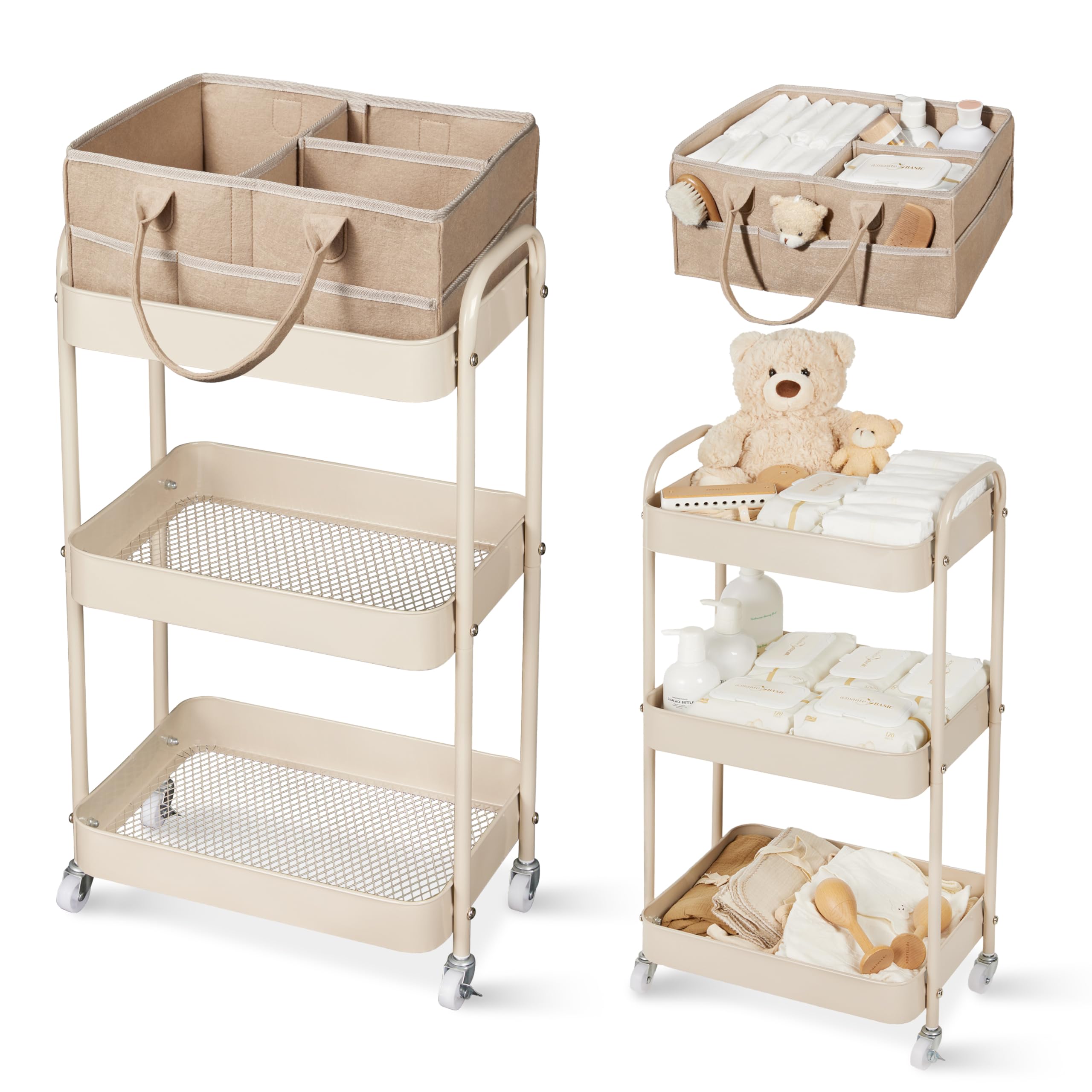 Fortella Baby Diaper Caddy, 3 Tier Rolling Cart for Baby Essentials, Taupe | Dia
