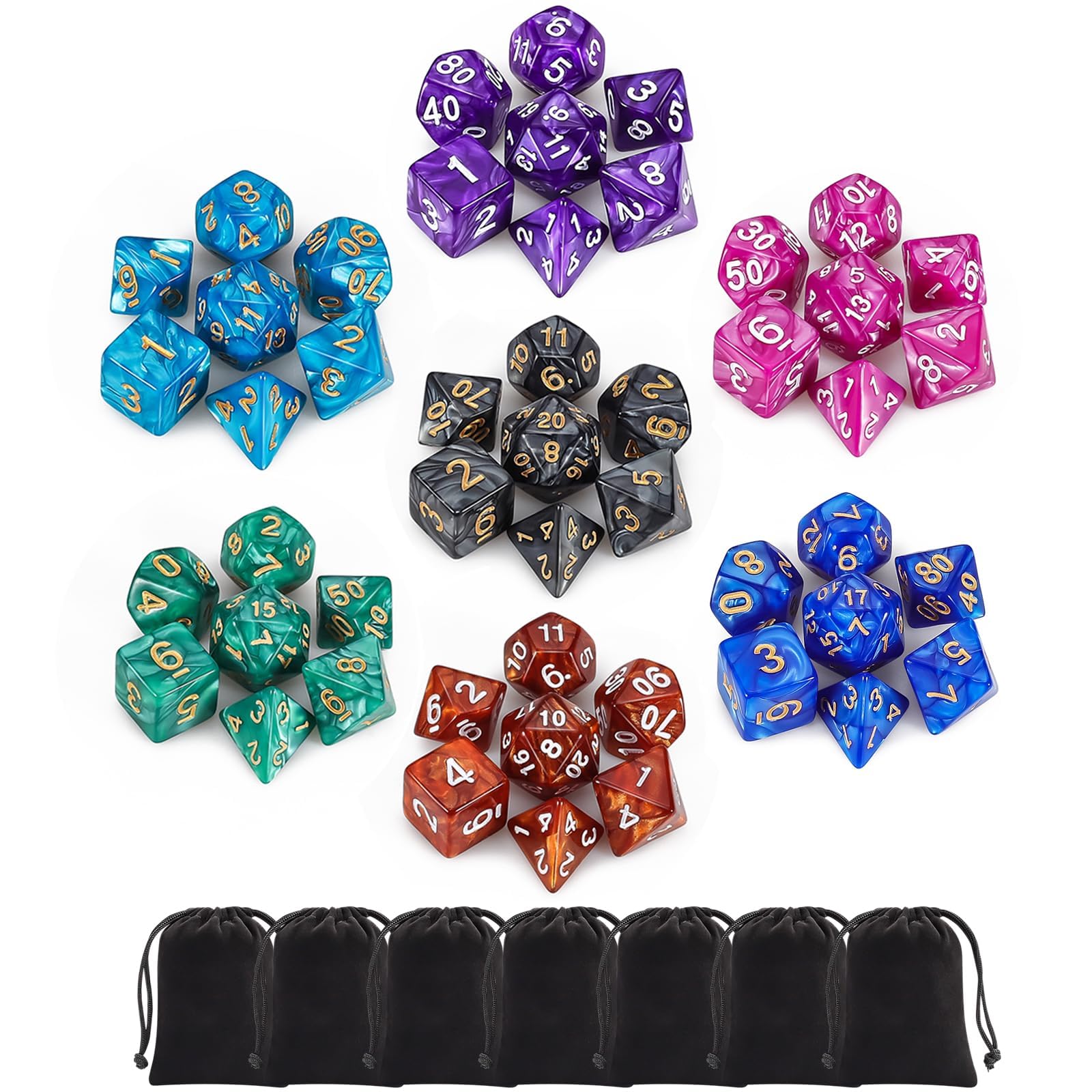 QMay 7 Sets Polyhedral Dice - 49 Pcs (7 X 7) DND Dice + 7 Drawstring Bags | 7 Co