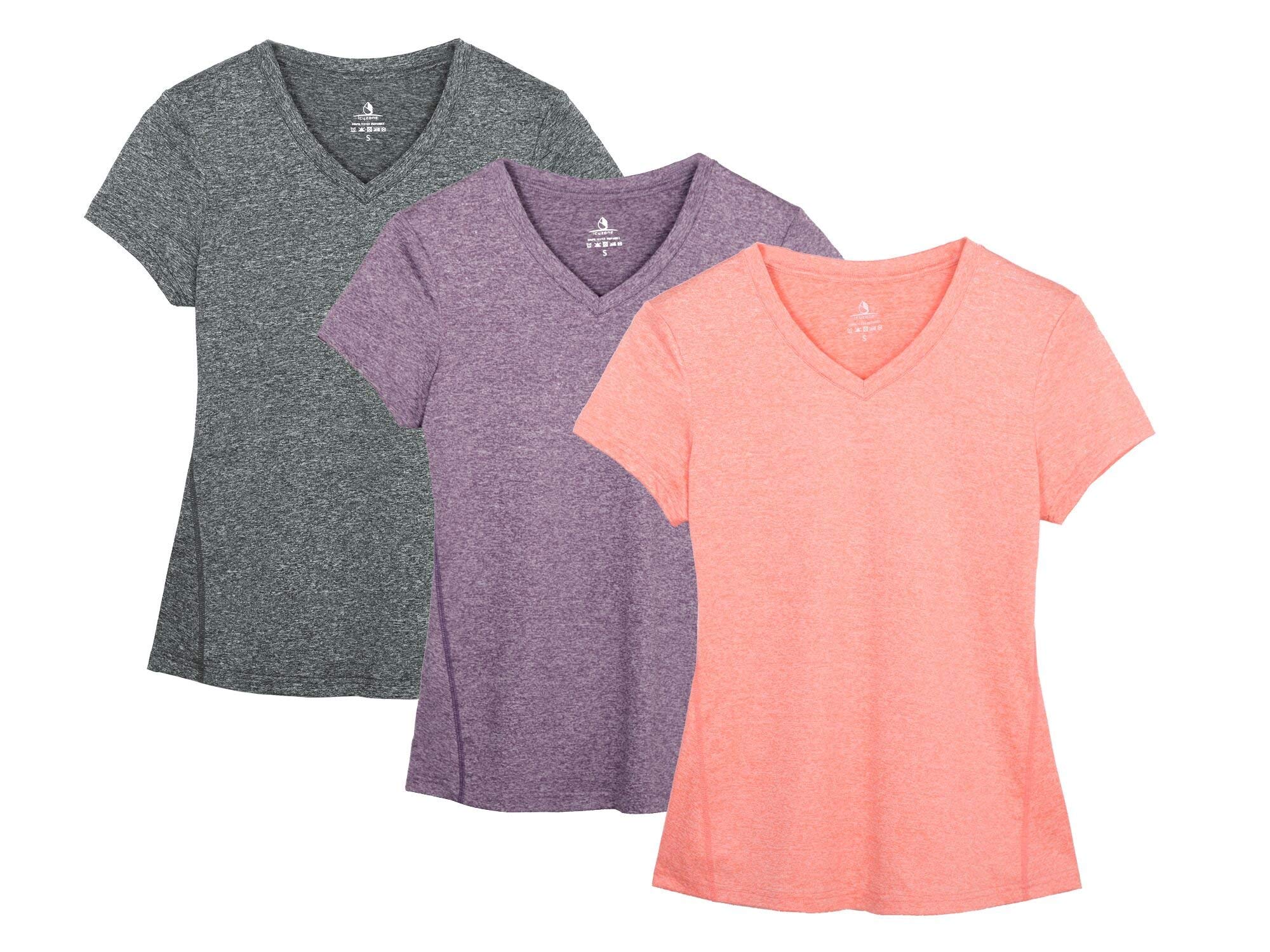 icyzone Women's Breathable Sports T-Shirt with V-Neck, Pack of 3 Fitness Running