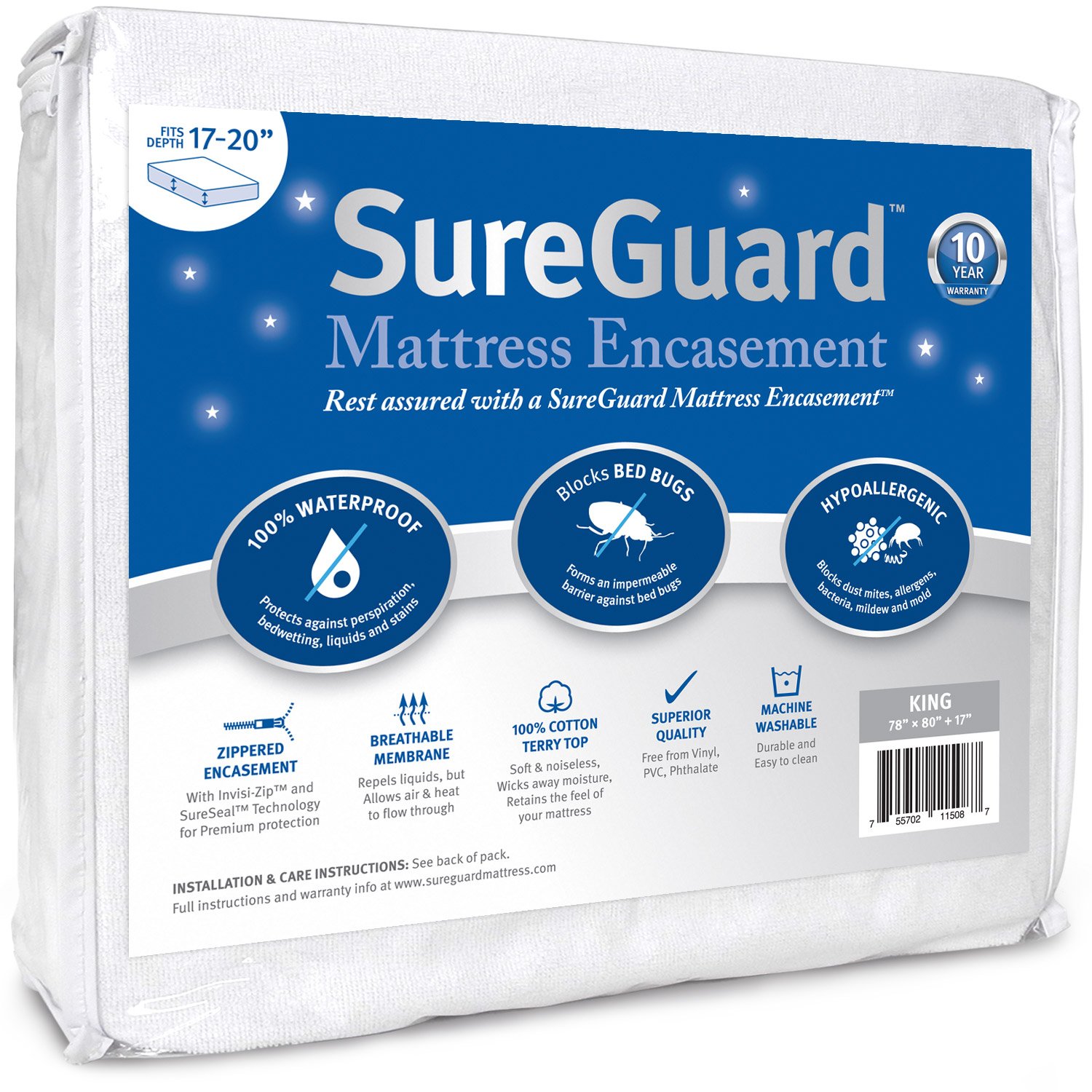 King (17-20 in. Deep) SureGuard Mattress Encasement - 100% Waterproof, Bed Bug P