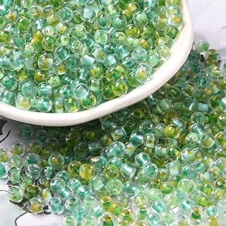 160pcs/10g Round 6/0 Transparent Glass Round Seed Beads Inside Colours Small Mini Pony Loose Spacers Beads for Bracelets Jewelry Making Necklace DIY Crafts Supplies 4x3mm Lawn Green