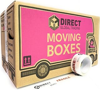 20 Strong Large Cardboard Storage Packing Moving House Boxes with Fragile Tape 52cm x 30cm x 30cm 47 Litres Carry Handles and Room List