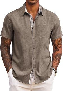 COOFANDY Men's Short Sleeve Summer Casual Shirt Regular Fit Casual Beach Shirt with Checked Shirt Strip