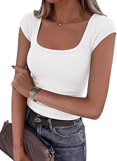 PRETTYGARDEN Cap Sleeve T Shirt Women 2026 Basic Square Neck Slim Fit Ribbed Knit Spring Going Out Tops Summer Clothes