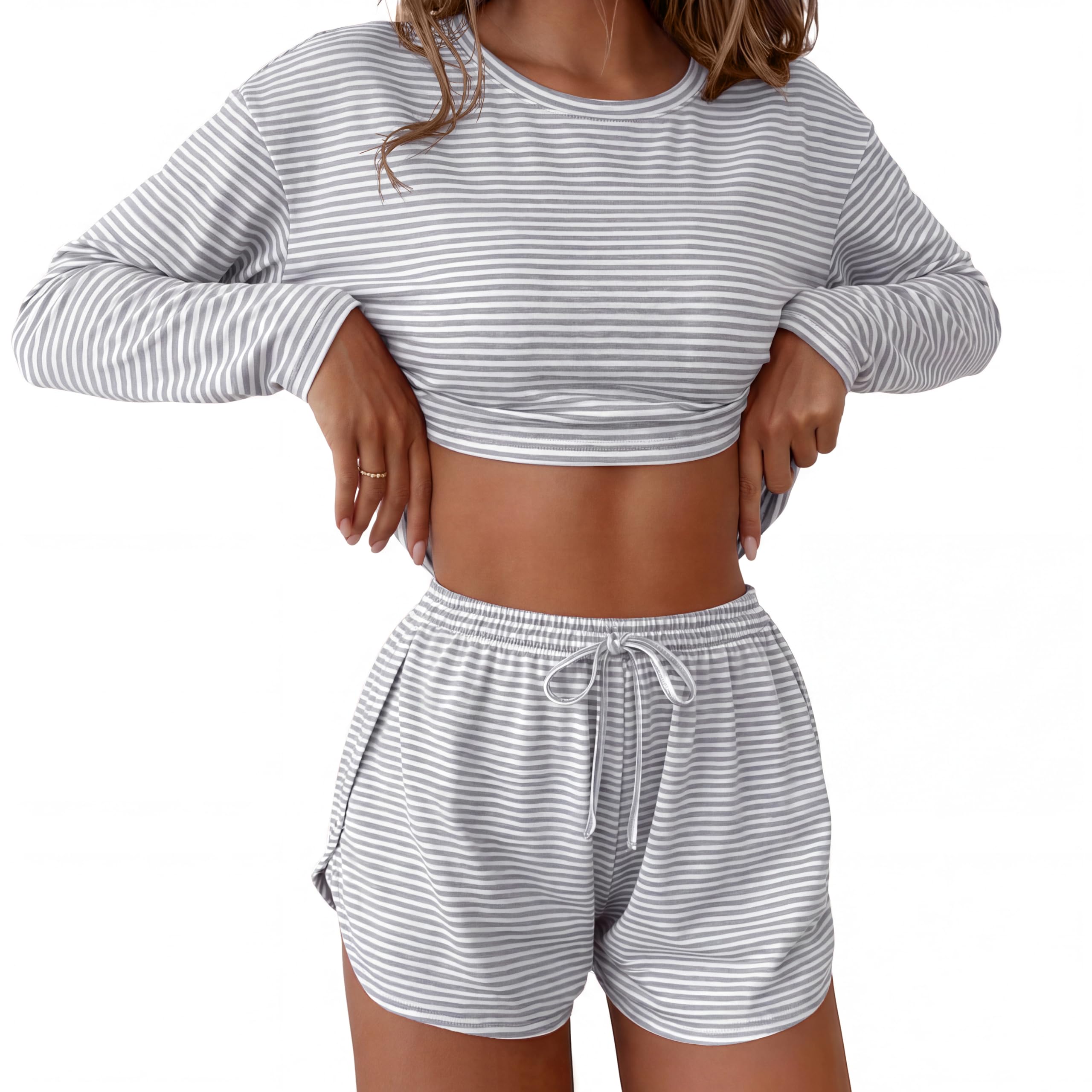 Ekouaer Conjunto de pijama sexy de manga larga y pantalones cortos con