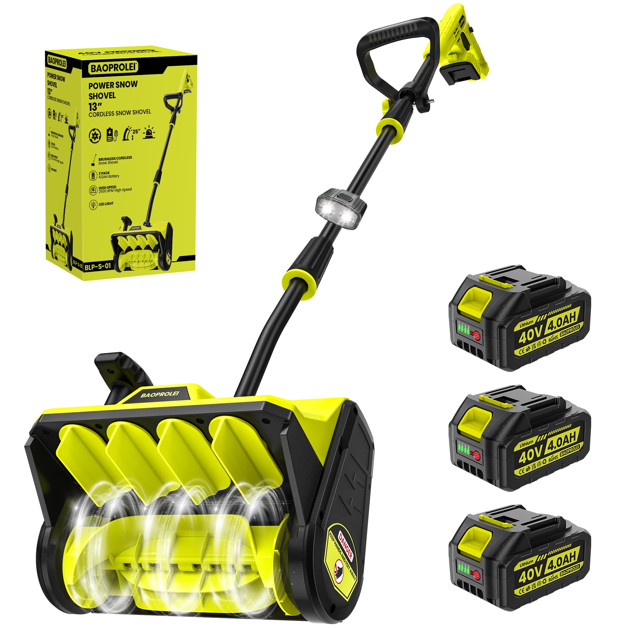 40V Brushless Cordless Snow Shovel, 13Inch Electric Snow Blower with 3 * 4.0 Ah 