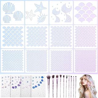 26 Pcs Mermaid Scale Stencil Set, Mermaid Face Makeup Templates for Women | Shell Starfish Fish Scale Stencils Mermaids Sticker Makeup Brushes for Women Girls Face Painting Wall Accessories