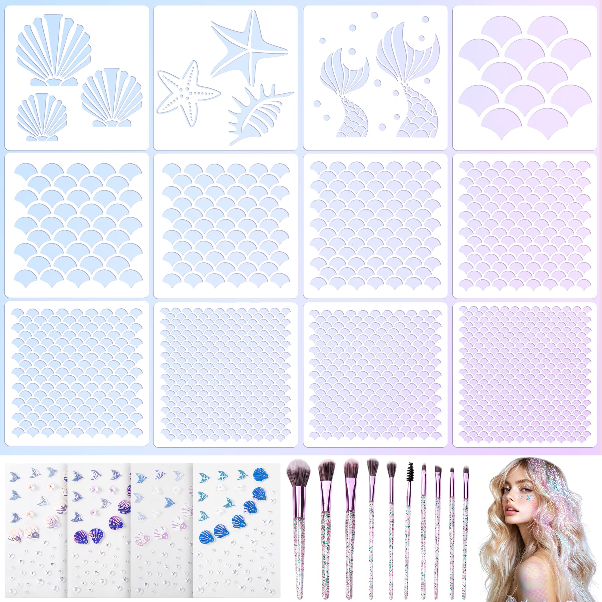 26 Pcs Mermaid Scale Stencil Set, Mermaid Face Makeup Templates for Women | Shel