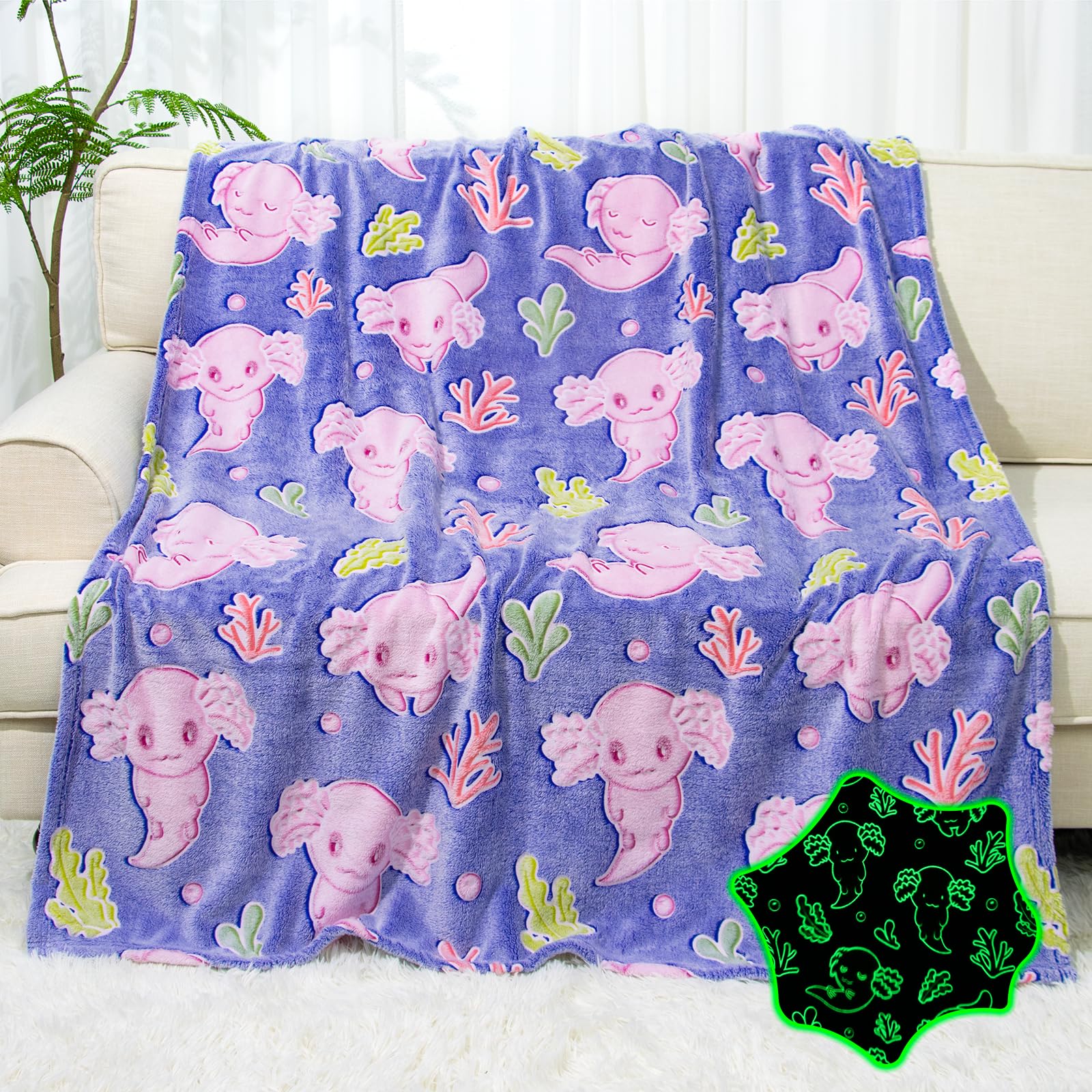 IEOEO Glow in The Dark Axolotl Blanket Cute Throw Blanket Axolotl Gifts Toy for 