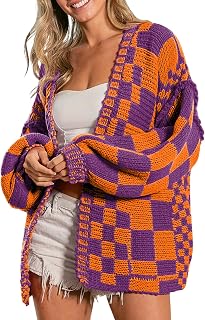 SELINK Women's Cardigan Sweater Vintage Open Front Mixed Checkered Pattern Chunky Knit Plaid Long Sleeve Daily Outwear