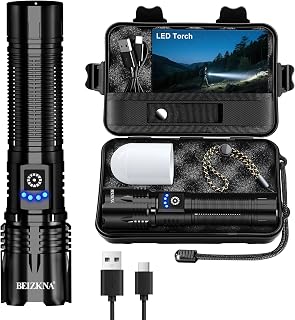 Torches LED Super Bright USB Rechargeable 50000L Flashlight Tactical Torch | 5 Modes 24h Battery Life Adjustable Focus IP67 Waterproof Powerful Torch Outdoor Flash Light for Camping Hiking Emergency