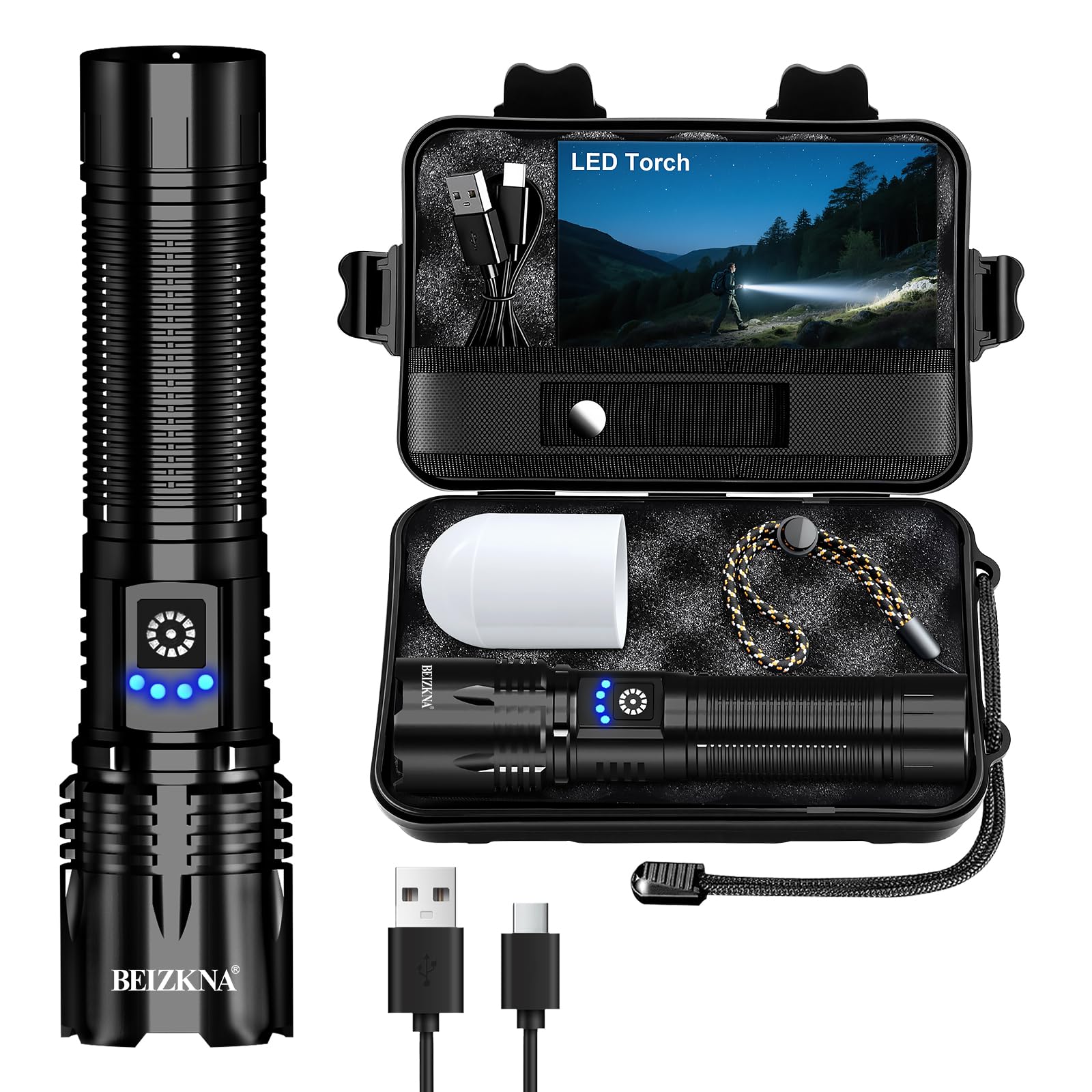 Torches LED Super Bright USB Rechargeable 50000L Flashlight Tactical Torch | 5 M