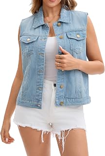 Women's Denim Vest Button Down Jacket W Chest Flap Pockets Washed Distressed Sleeveless Jean Jacket