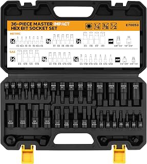 36-Piece Impact Hex Bit Socket Set Includes Socket Adapter, 1/4", 3/8", 1/2", SAE and Metric, H2-H19 &amp; 3/4"-5/64", Cr-V Steel, Reinforced Storage Case, Automotive Mechanic Professional Tool Set