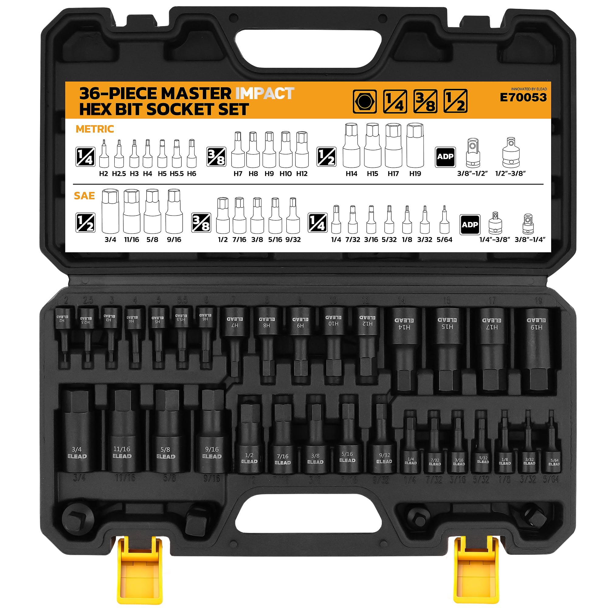 36-Piece Impact Hex Bit Socket Set Includes Socket Adapter, 1/4", 3/8"