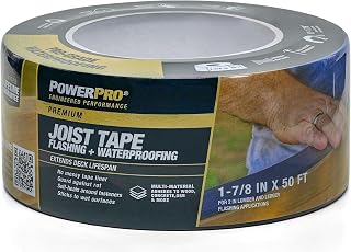 Power Pro All-Weather Deck Joist Tape, 2in x 50ft, 1 Roll, Black | Black polyolefin film, waterproof and self-healing around fasteners, for deck joists, ledger flashing, beams, and repairs