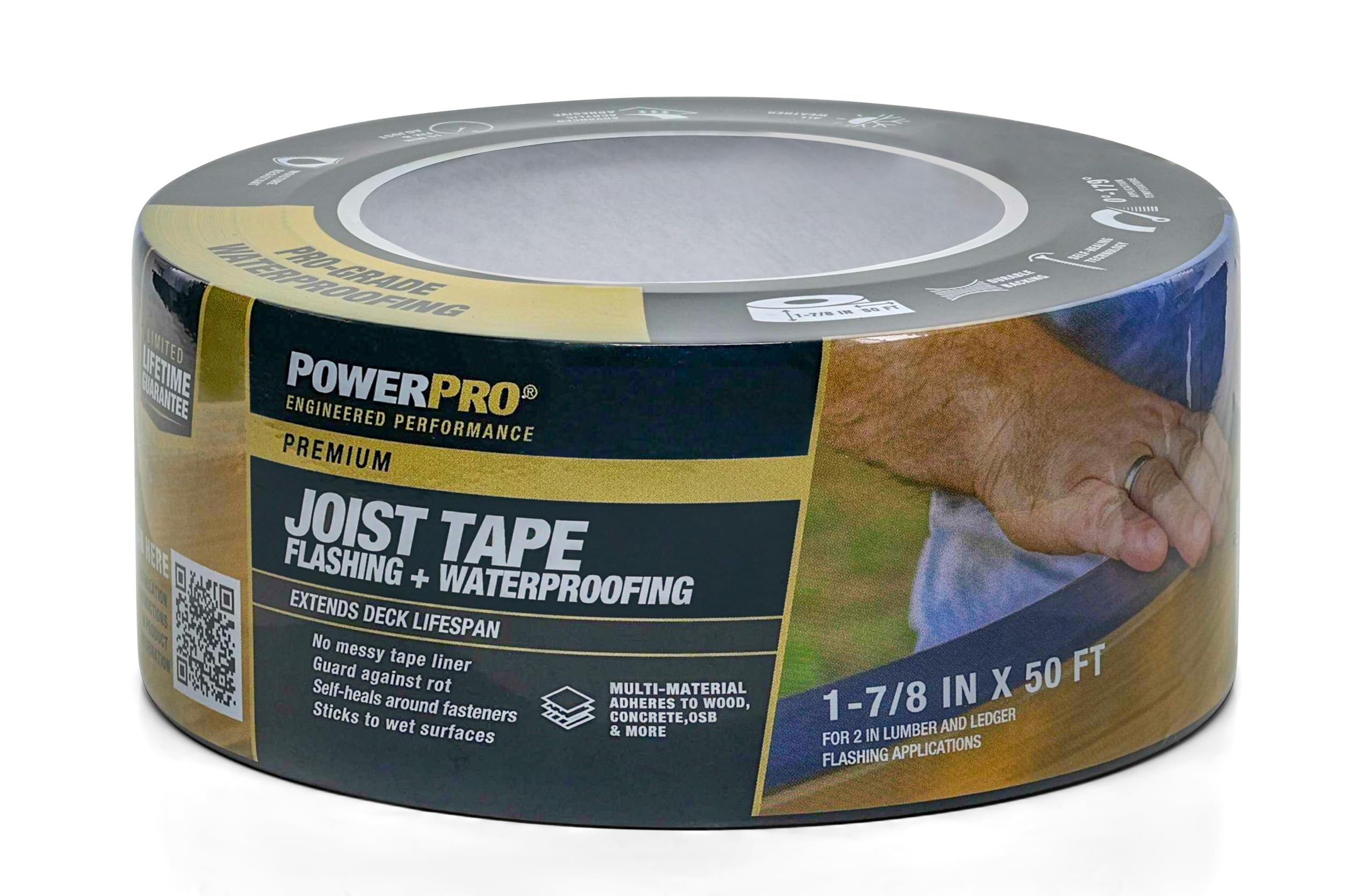 Power Pro All-Weather Deck Joist Tape, 2in x 50ft, 1 Roll, Black | Black polyole