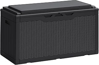Greesum 125 Gallon Deck Box, Outdoor Storage Bench with Cushion, Black | Resin Materials, for Garden Tools, Patio Furniture Pillows, Pool Supplies