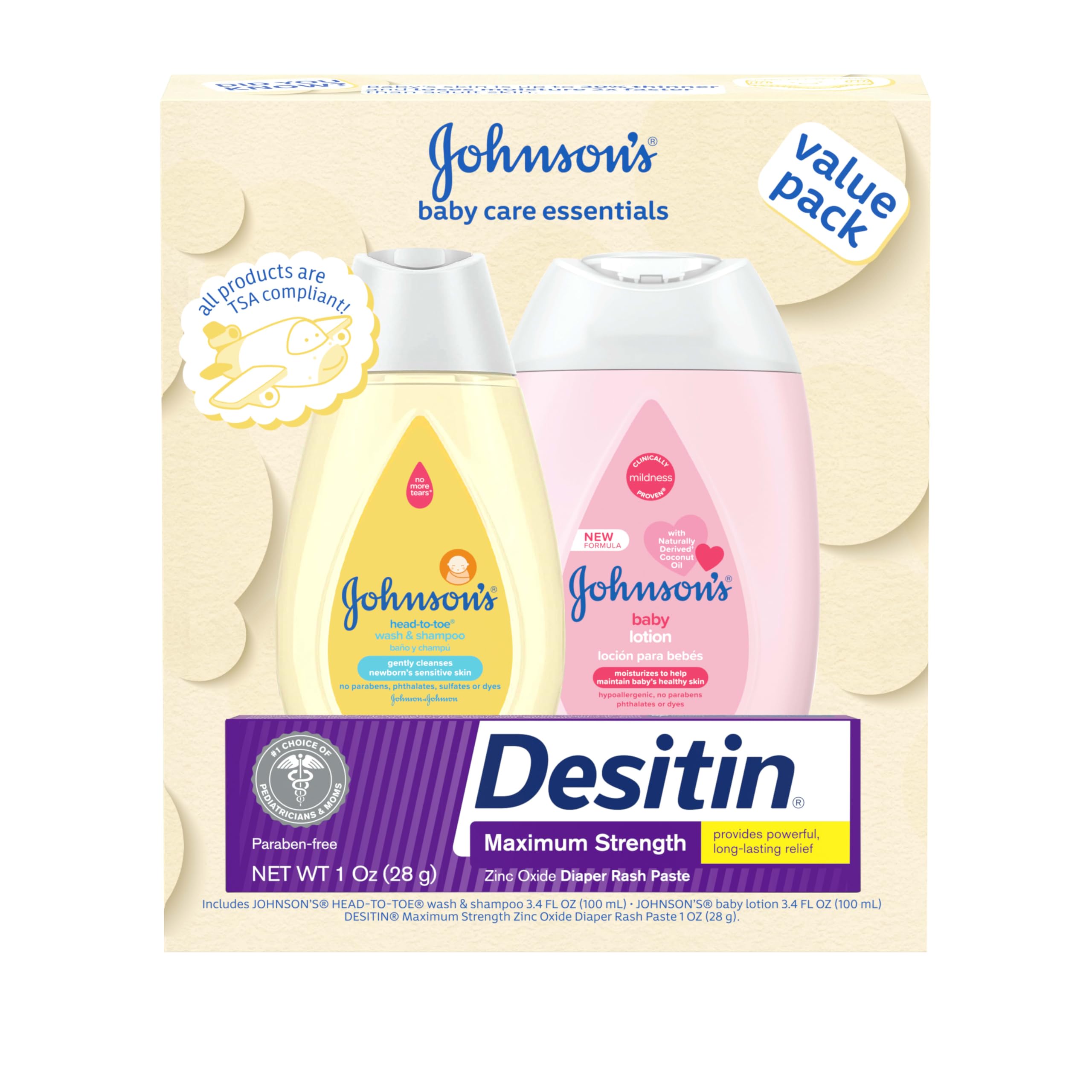 Johnson's Baby Care Essentials Gift Set, Body Lotion, & Zinc Oxide Diaper Rash P