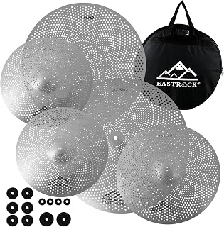 EASTROCK 5 Pieces Low Volume Cymbal Pack with Cymbal Bag and Felts,Silver | Cymbals for Drum Set (14"Hi-hat+16"Crash+18"Crash+20"Ride)